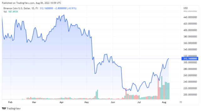 BNBUSD price chart for 08/06/2022 - TradingView